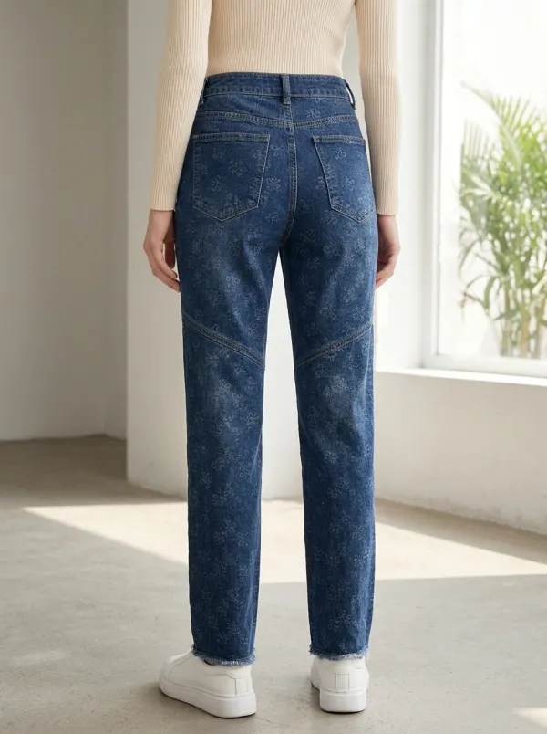 Women's Floral Pattern Dark Wash Printed Denim Jeans