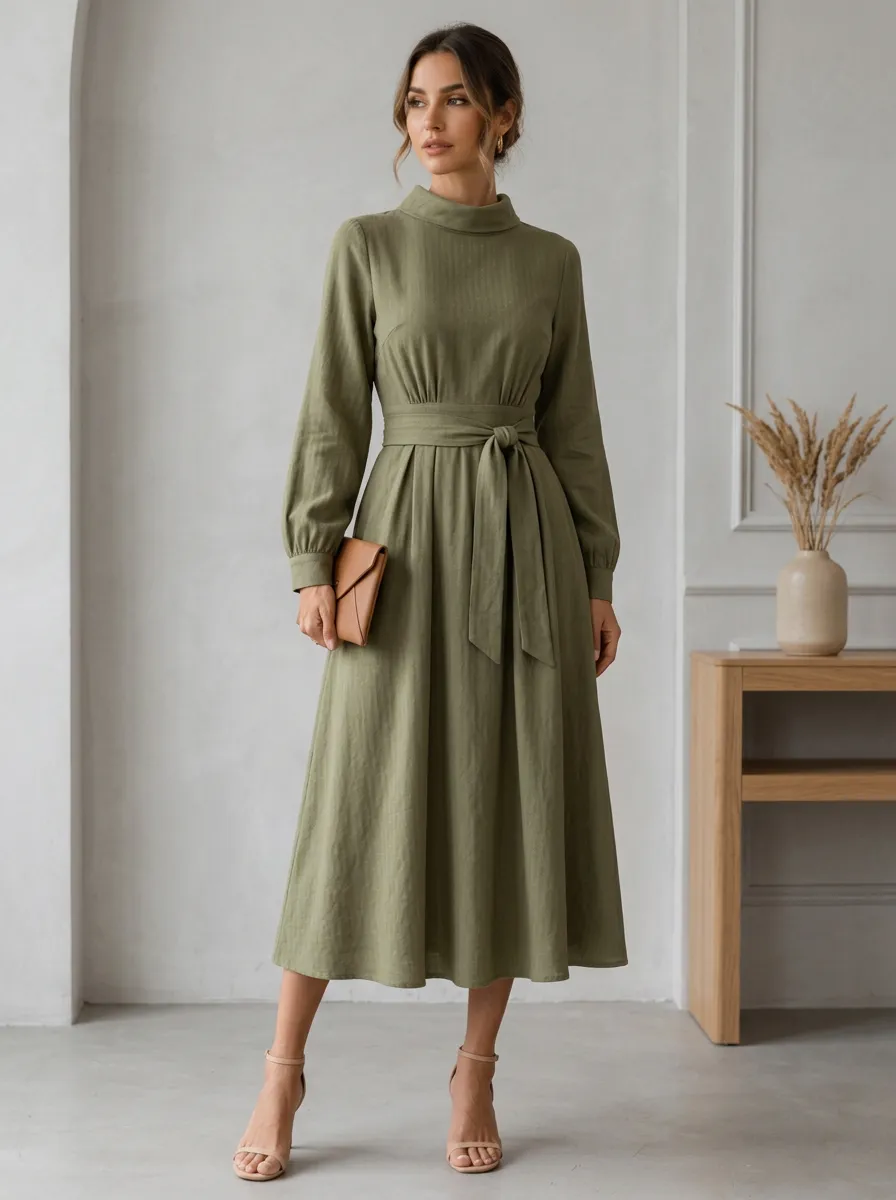 Women's Casual Olive Green Mock Neck Long Sleeve Belted Midi Dress