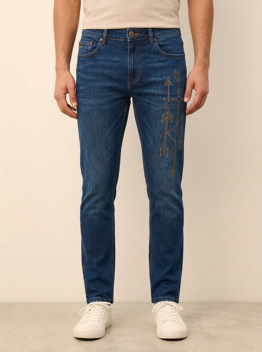 Men's Mid-Blue Tribal Arrow Pattern Stretch Jeans