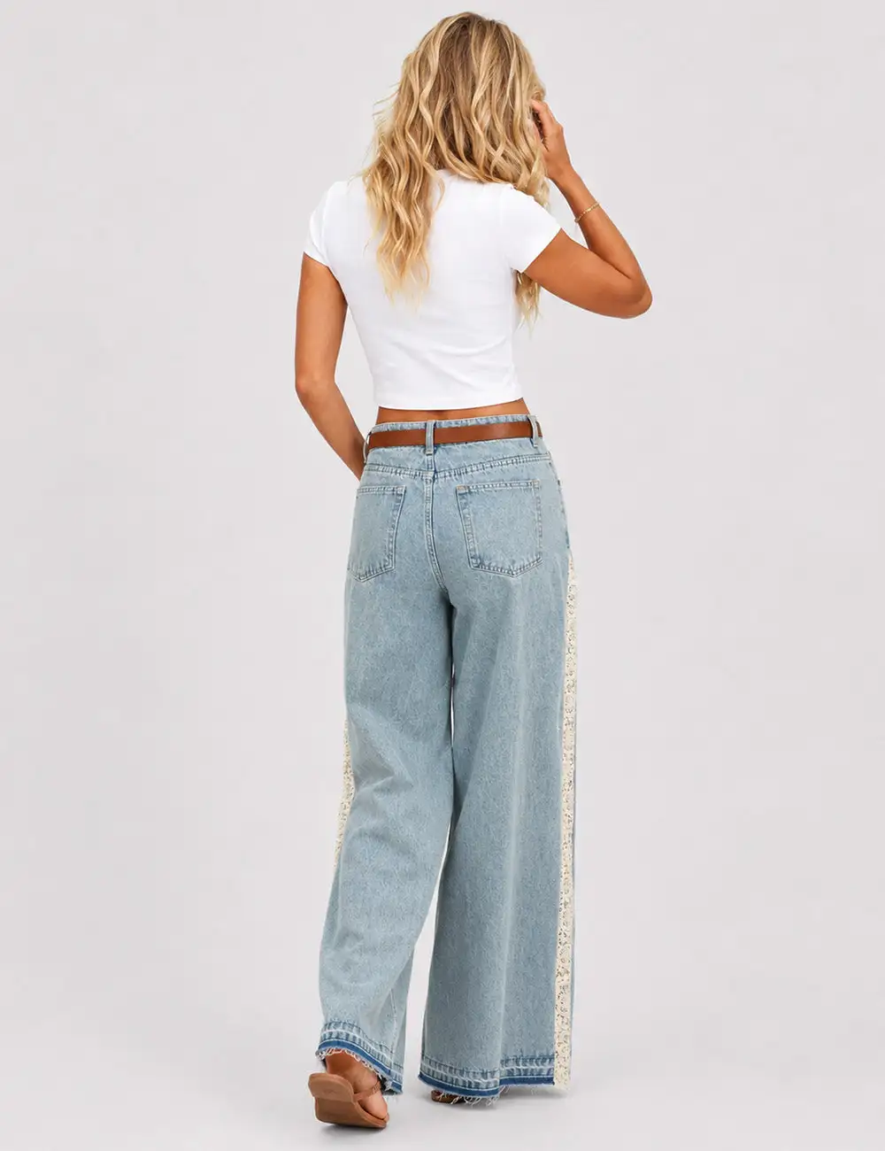 Lace Panel Washed Jeans Wide Leg Denim Pants