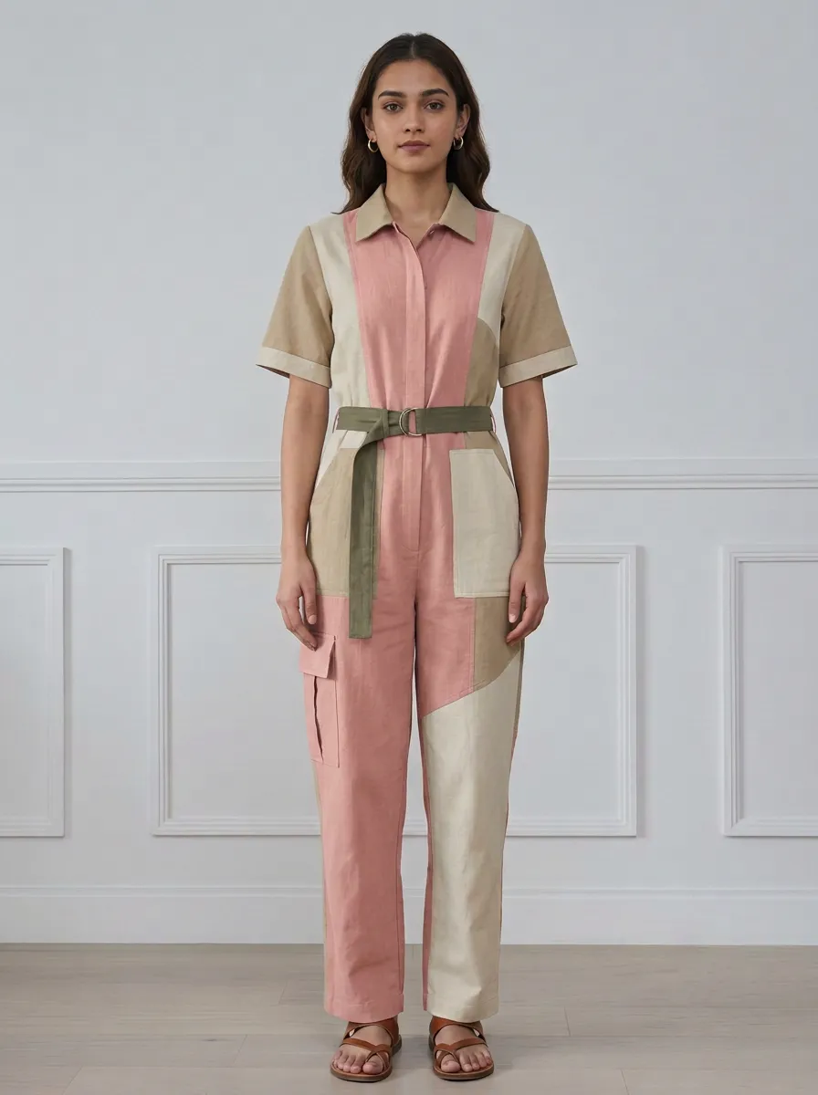 Women's Casual Olive Beige Colorblock Belted Jumpsuit
