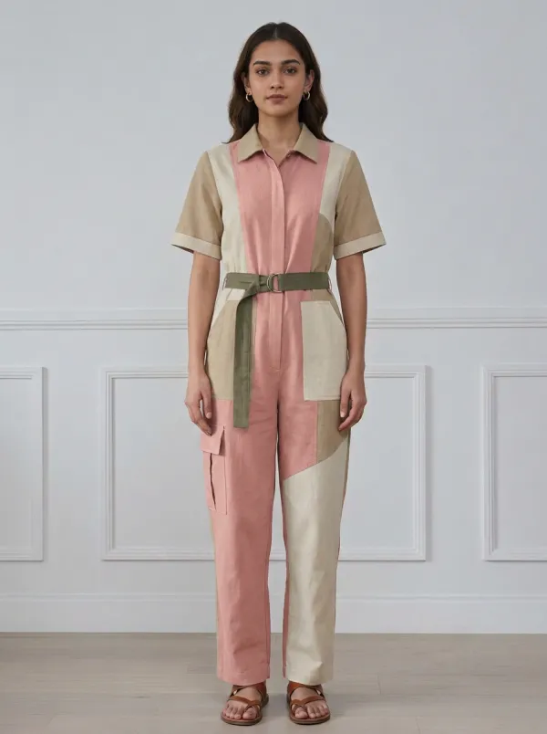 Women's Casual Olive Beige Colorblock Belted Jumpsuit