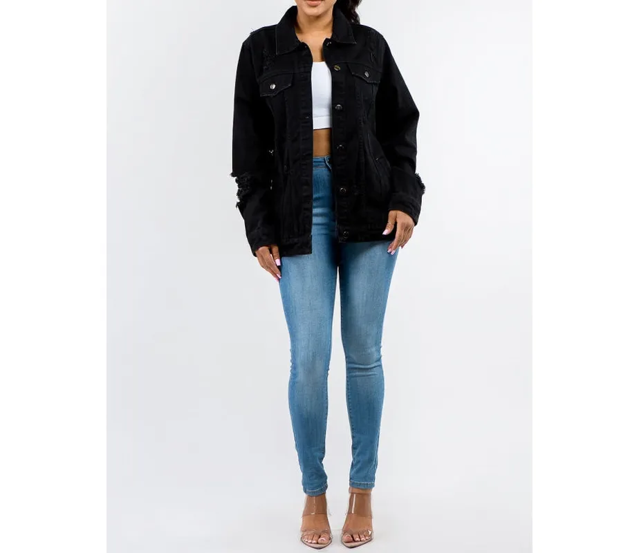 Plus Size Button-Up Distressed Denim Jacket