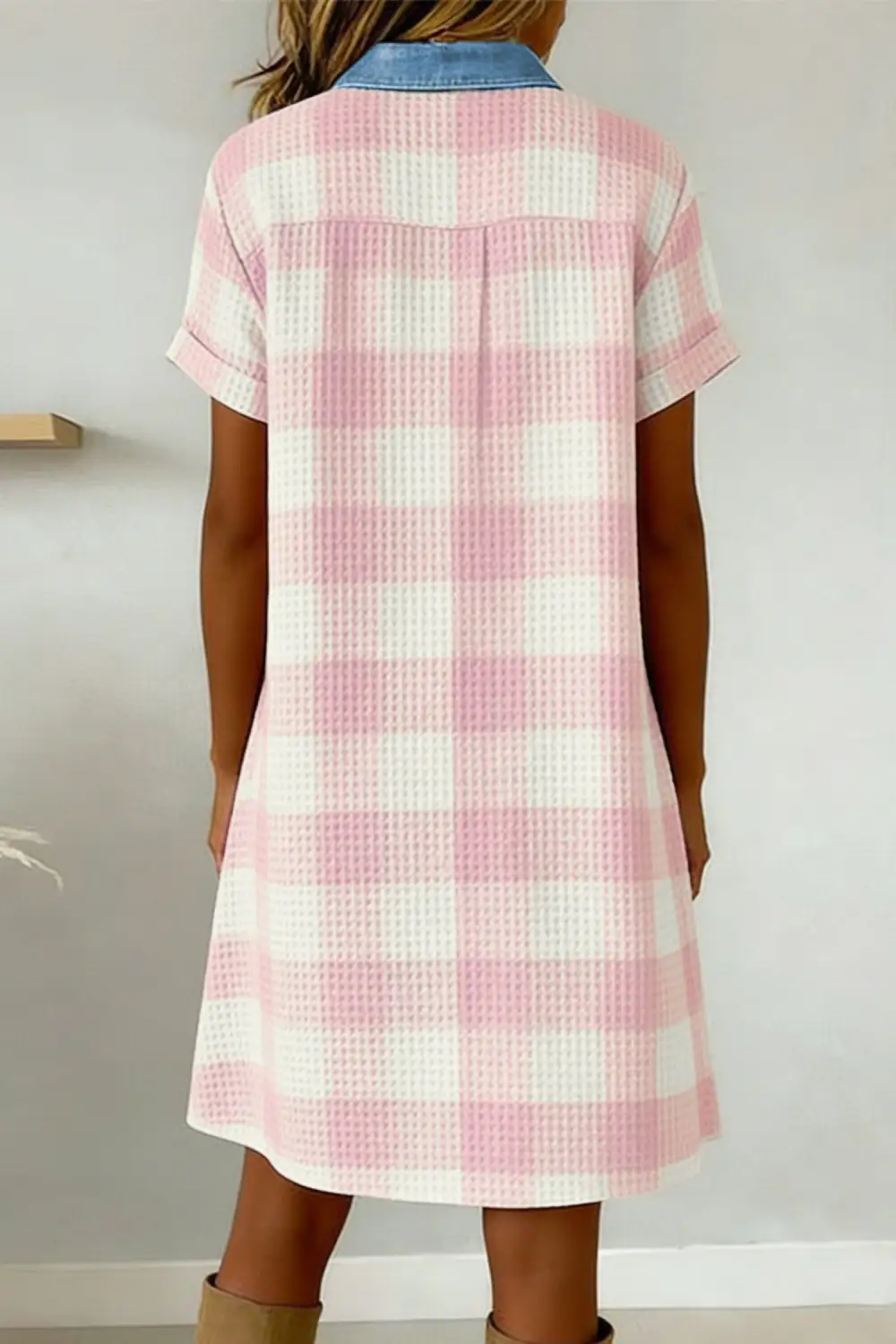 Women's Plaid Printed Denim Button Detail Mini Dress
