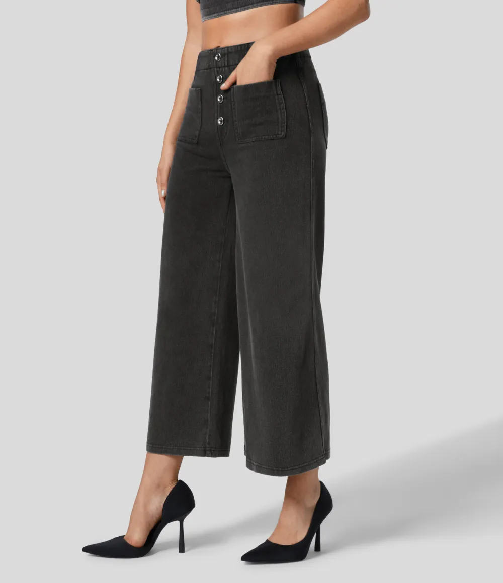 Magic High Waisted Button Pockets Washed Stretchy Knit Casual Wide Leg Jeans