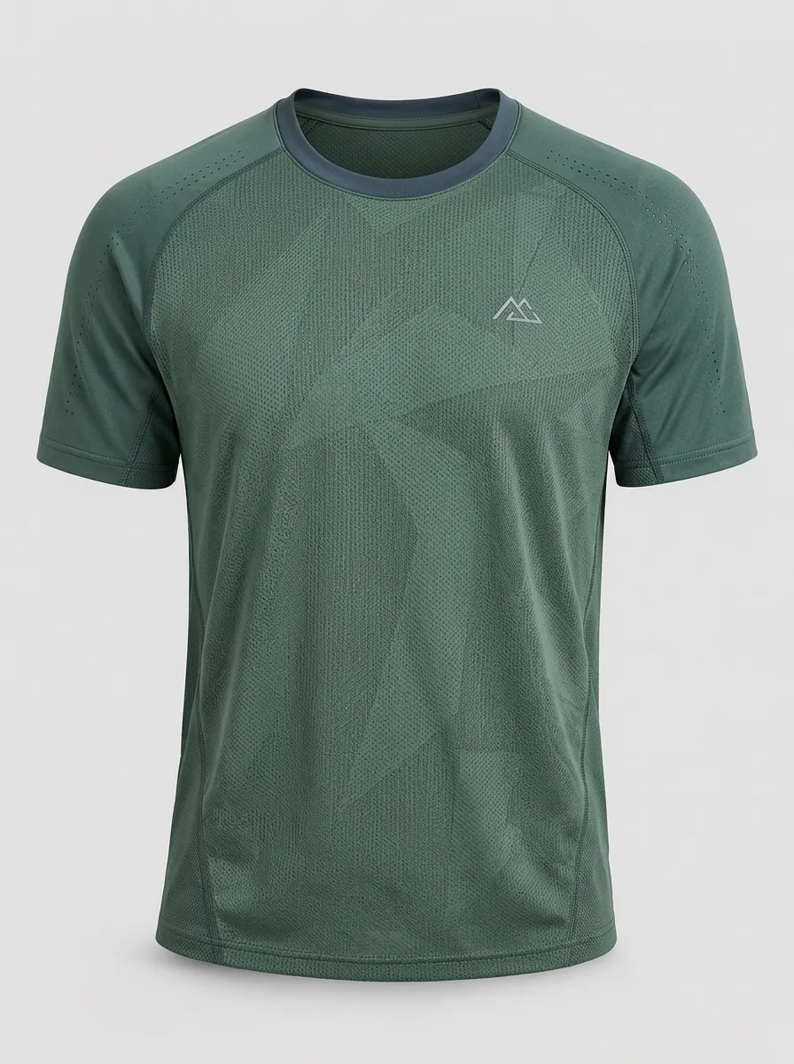Men's Forest Green Geometric Pattern Performance T-Shirt