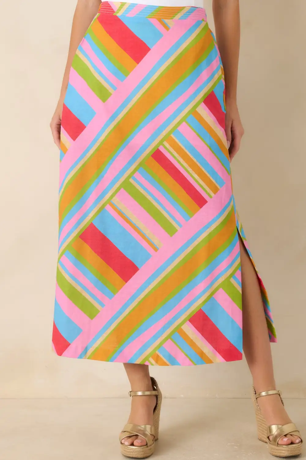Multicolor Geometric Cotton Linen Midi Skirt