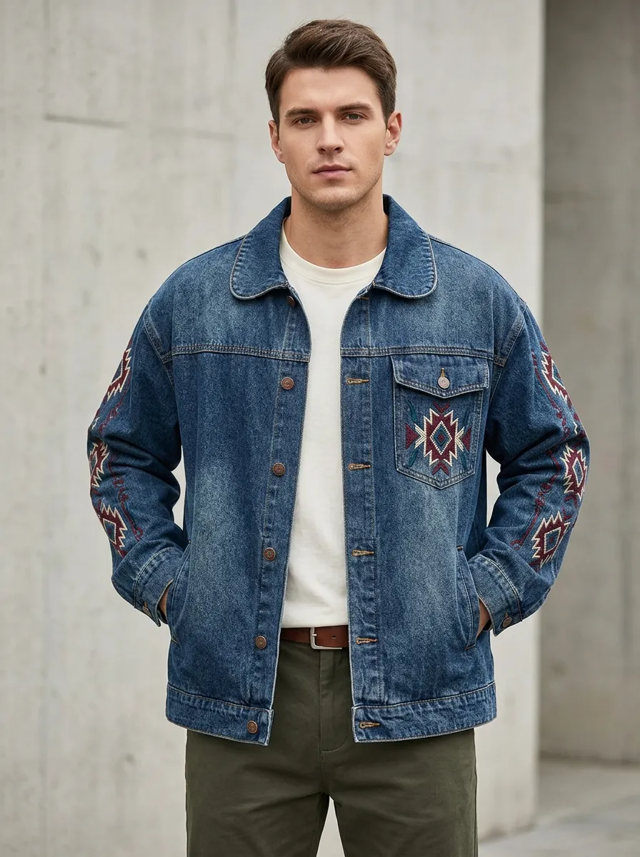 Men's Tribal Western Inspired Embroidered Printed Denim Jacket