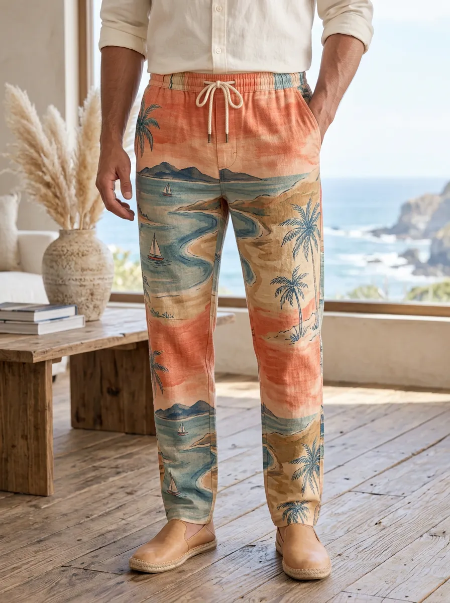 Men's Tropical Beach Lover Sailboat Palm Tree Printed Pants
