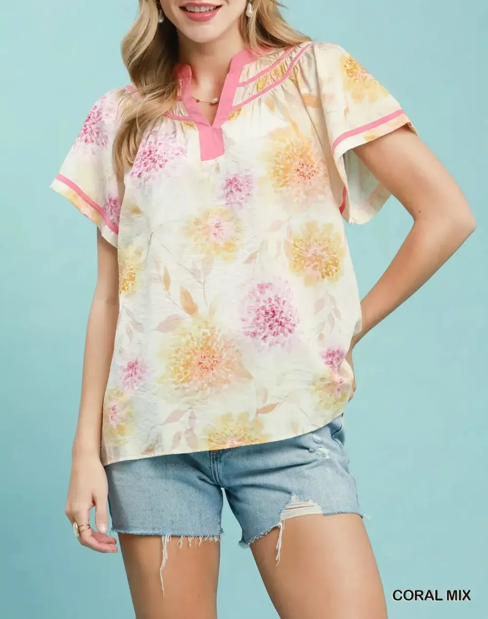 Cotton Floral Flutter Sleeve Blouse