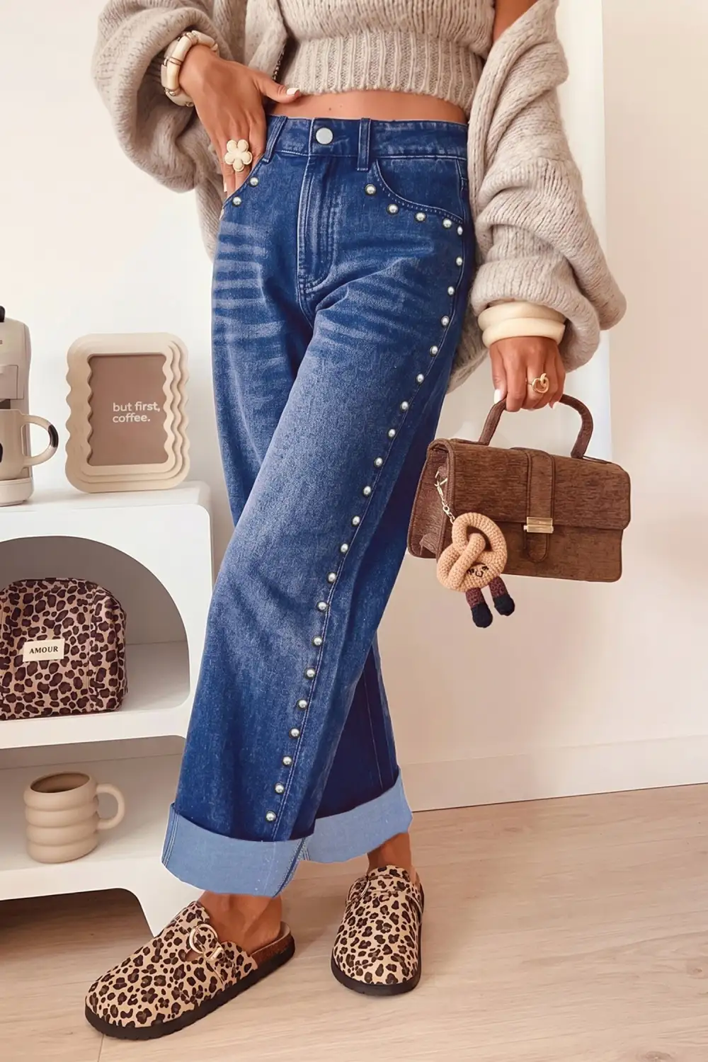 Women's Studded Straight Leg Loose Jeans