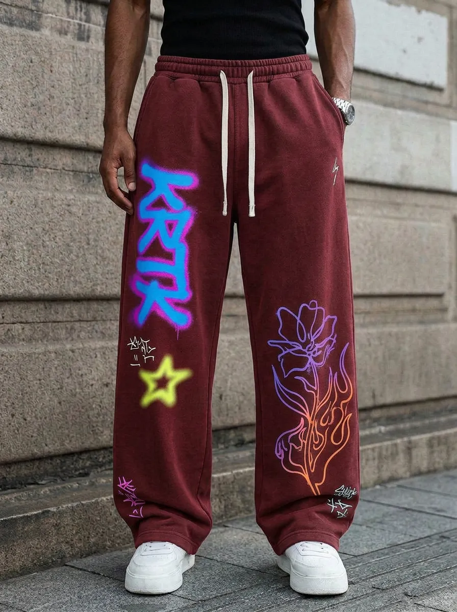 Men's Streetwear Graffiti Star Flower Printed Sweatpants