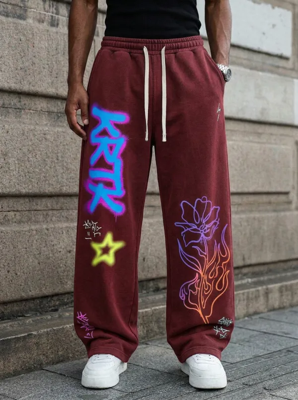 Men's Streetwear Graffiti Star Flower Printed Sweatpants