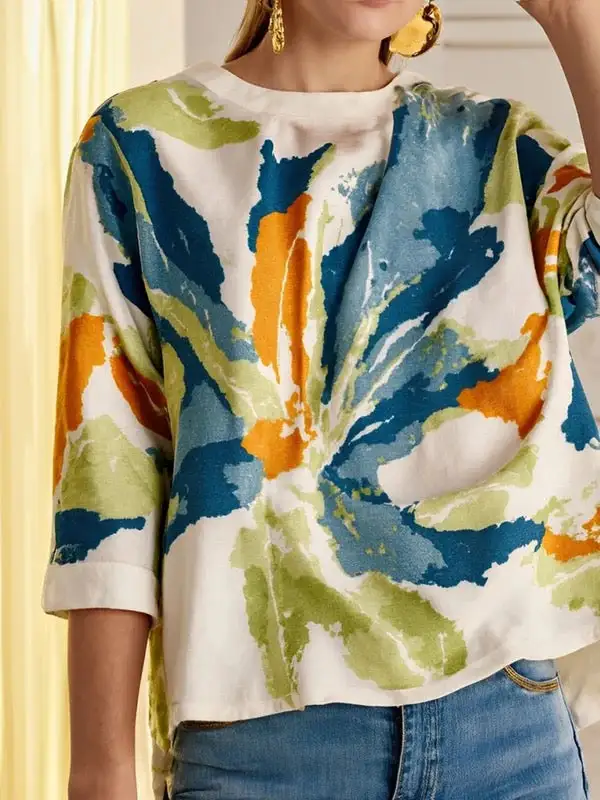 Half Sleeve Relaxed Contrast Floral Print Round Neck T-Shirt