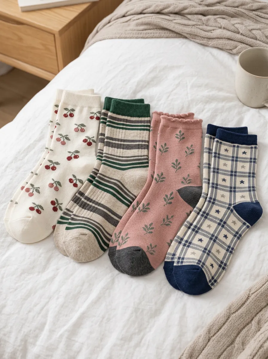 Women's Cherry Striped Floral Plaid Printed Crew Socks 4-Pack