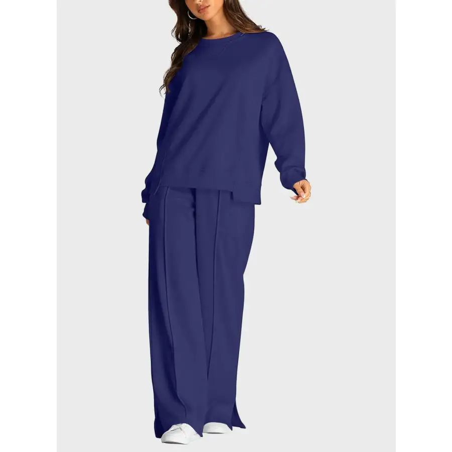 Round Neck Long Sleeve Top and Slit Pants Set