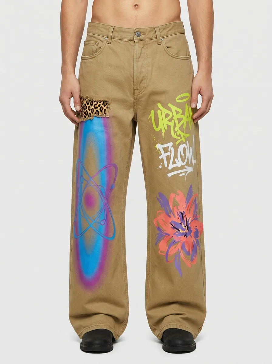 Men's Streetwear Urban Flow Graffiti Leopard Printed Jeans