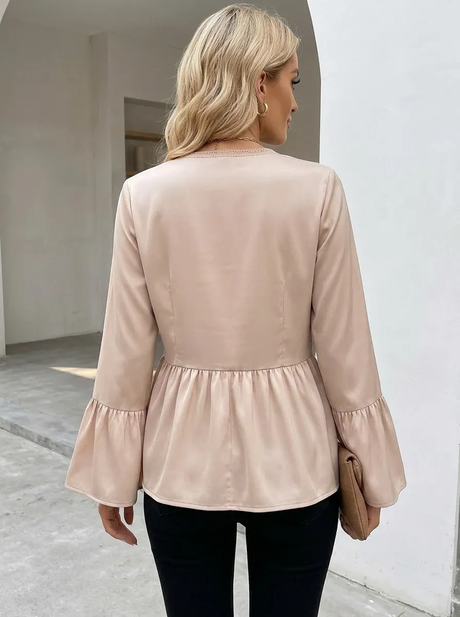 V-Neck Lace Trim Bell Sleeve Buttoned Blouse