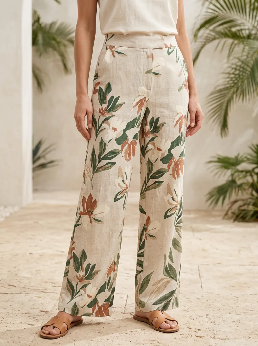Women's Linen Creative Botanical Floral Printed Pants