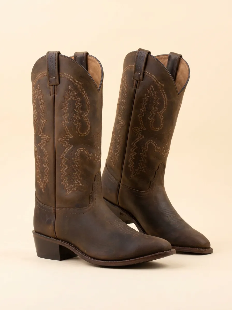 Men's Western Cowboy Brown Leather Stitched Pattern Cowboy Boots