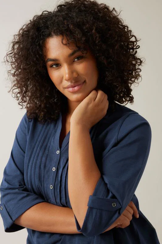 Navy Blue Pintuck Henley Top detail 3