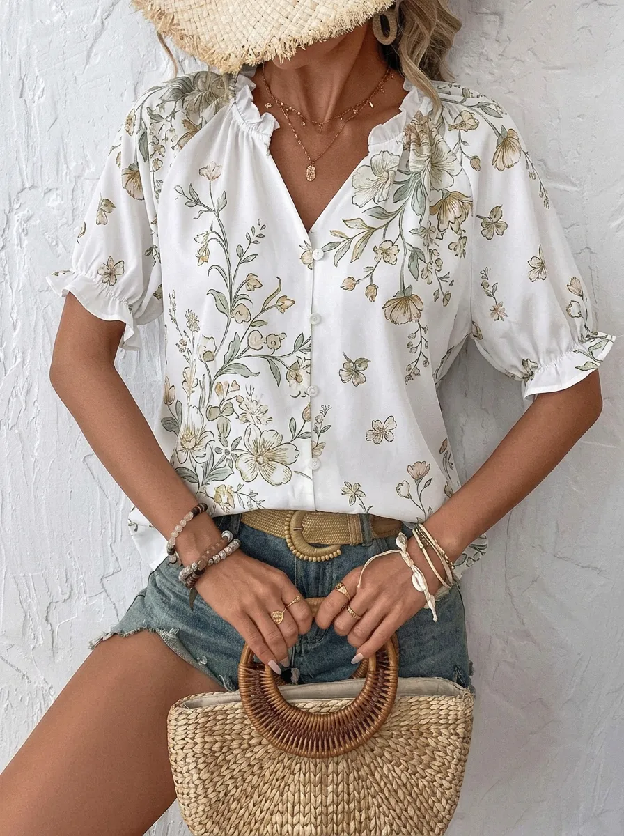 Women's Boho Floral Botanical Printed Button Down Blouse