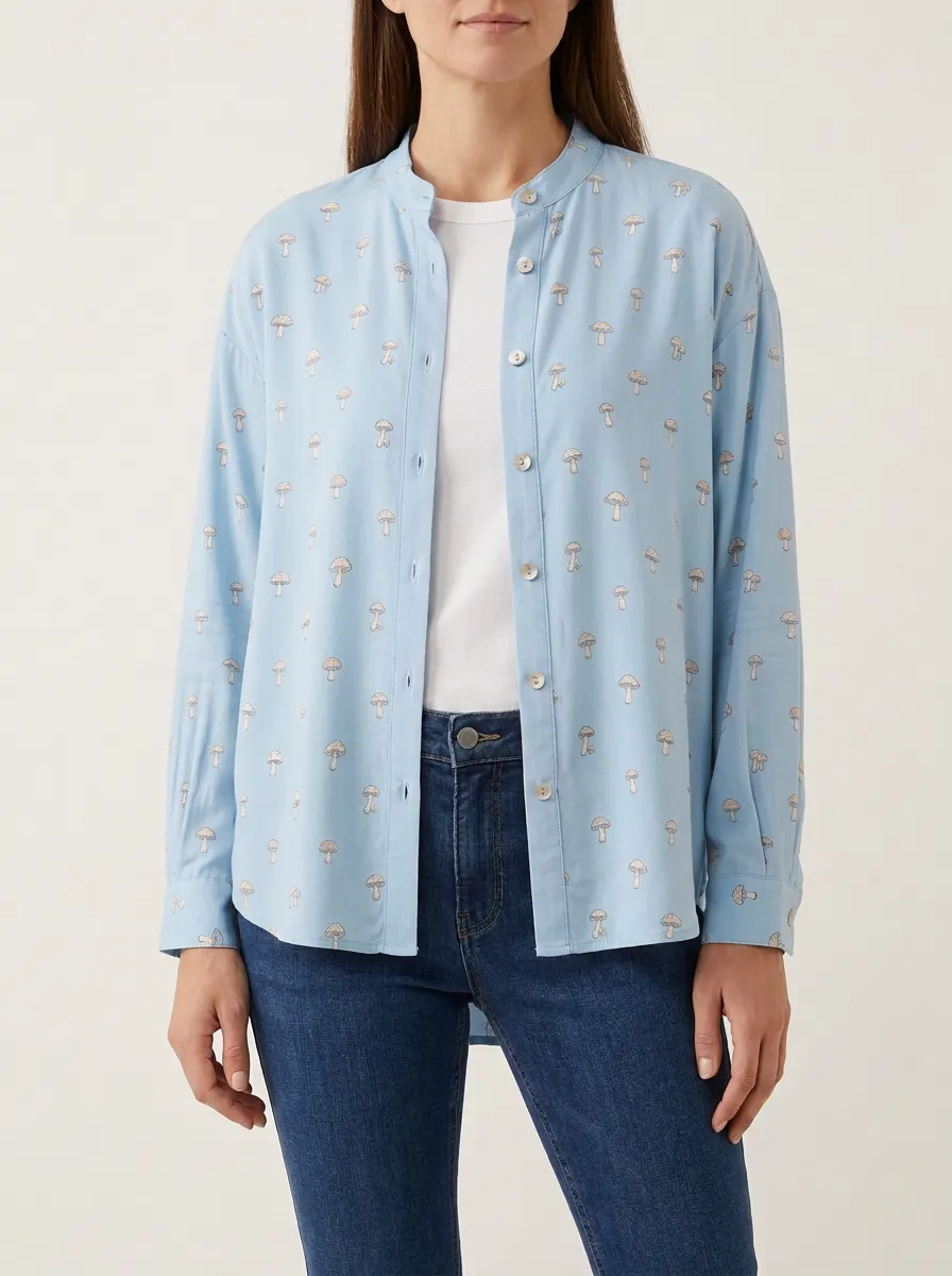 Women's Mushroom-Print Mandarin-Collar Rounded-Hem Shirt