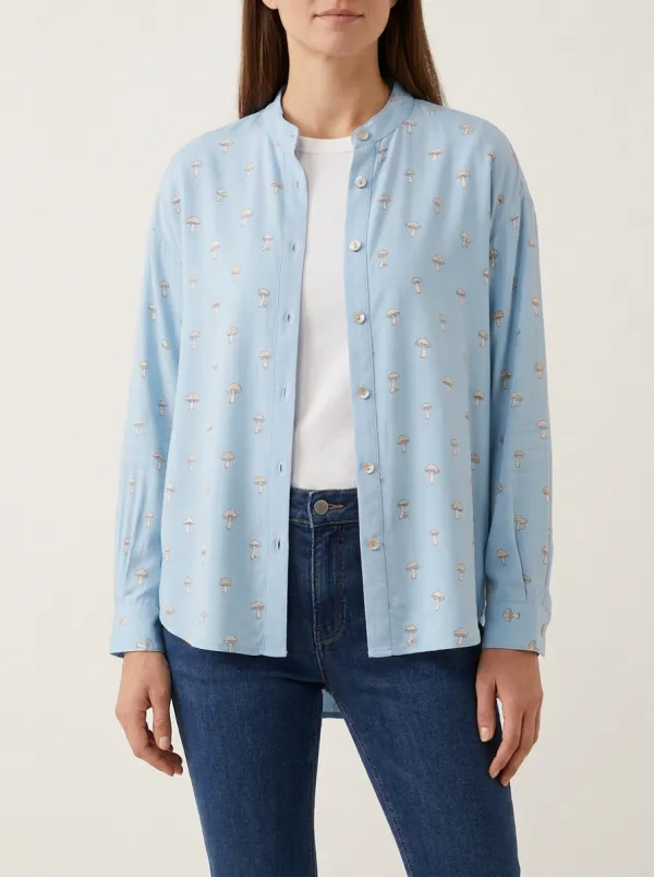 Women's Mushroom-Print Mandarin-Collar Rounded-Hem Shirt