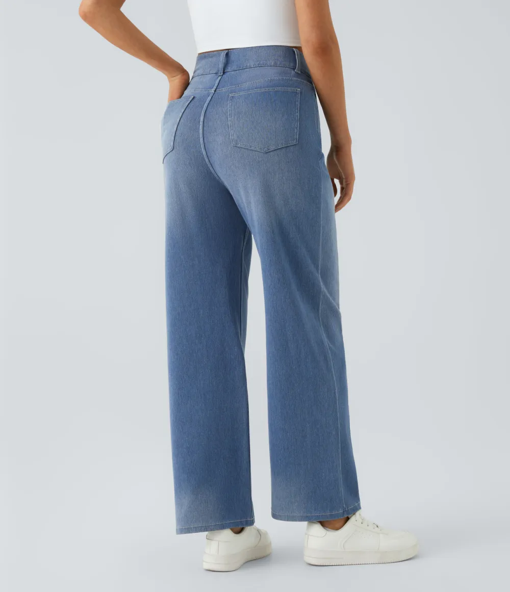 Magic High Waisted Decorative Button Multiple Pockets Straight Leg Stretchy Knit Casual Boyfriend Jeans