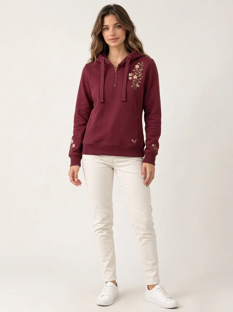 Women's Floral Embroidered Graphic Nature Inspired Graphic Detail Hoodie