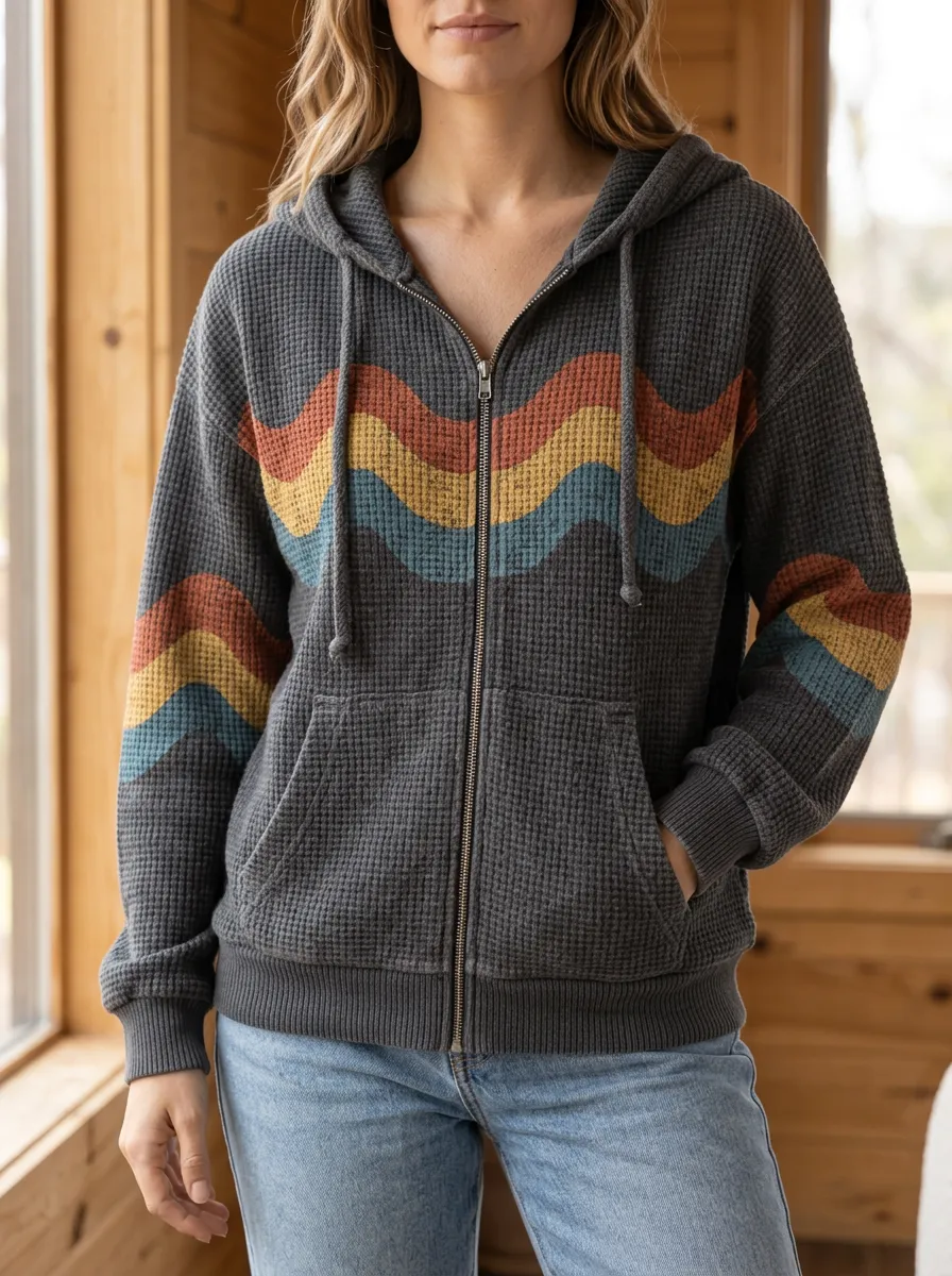 Women's Retro Wavy Stripe Printed Waffle Knit Zip Up Hoodie