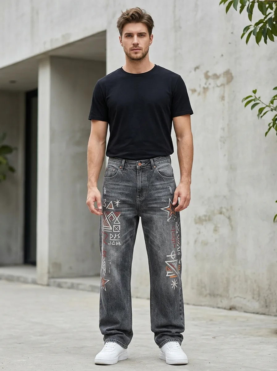Unisex Streetwear Star Geometric Jeans