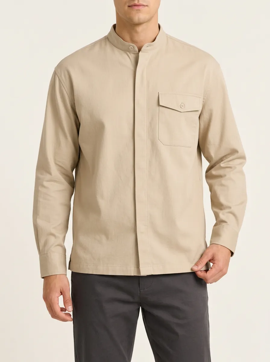 Unisex Plain Beige Long Sleeve Shirt