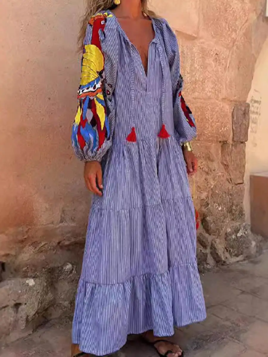 Pleated Printed Long Neck Maxi Dress
