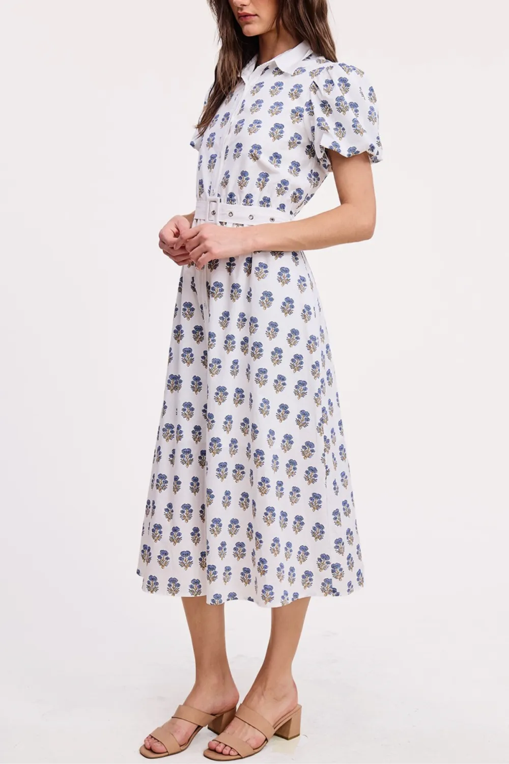 Contrast Trim Floral Print Button Down Midi Dress