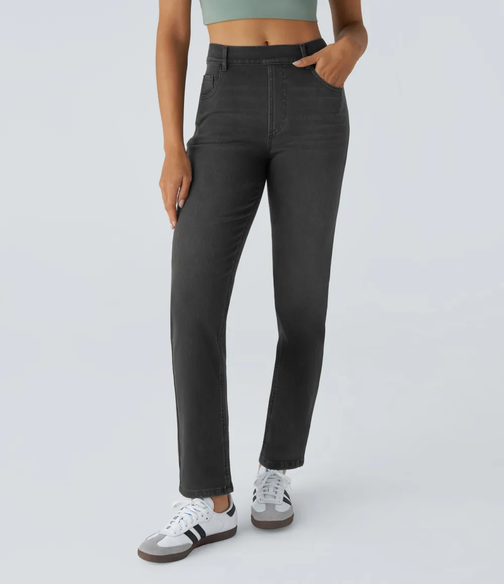 Magic High Waisted Multiple Pockets Straight Leg Washed Stretchy Knit Casual Jeans