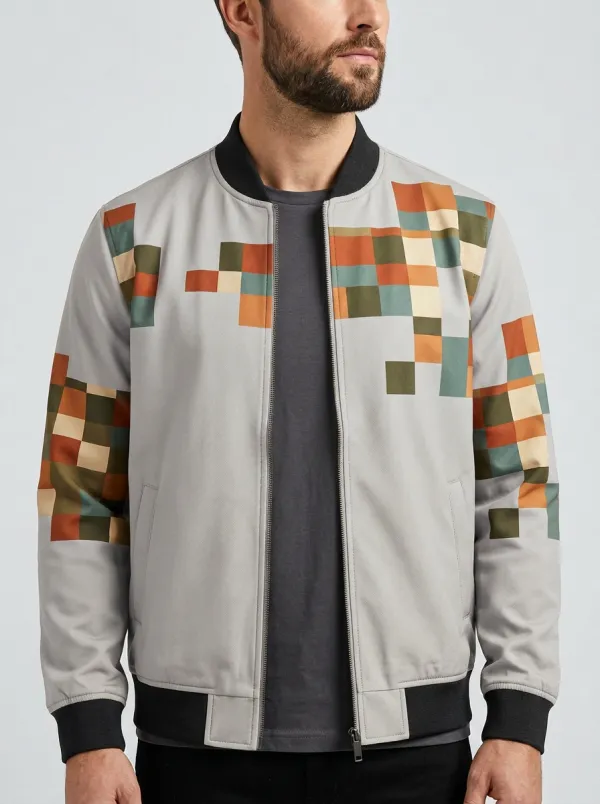 Men's Geometric Pixel Art Olive Printed Bomber Jacket