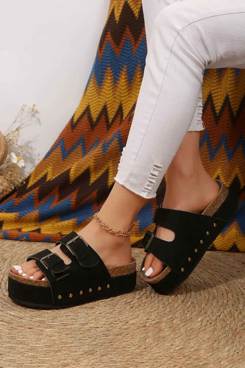 Suede Buckle Decor Footbed Sandals Slide Slippers Casual