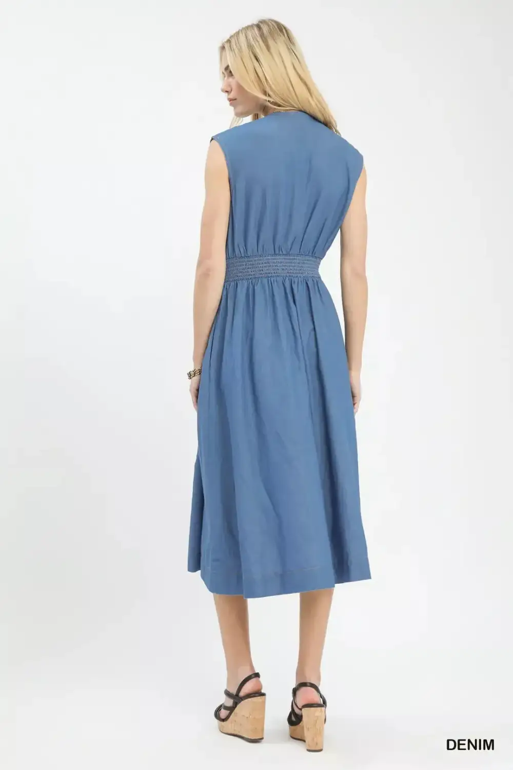 Sleeveless Zip-Front Smocked Waist Midi Dress
