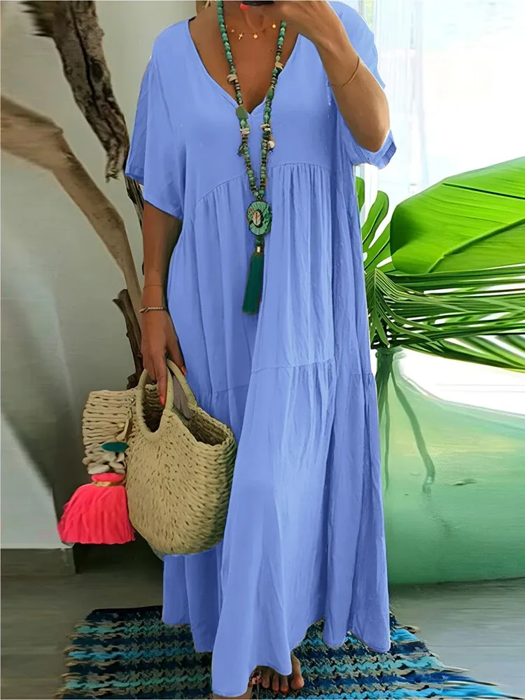V-Neck Short Sleeve Pleated Midi Dress