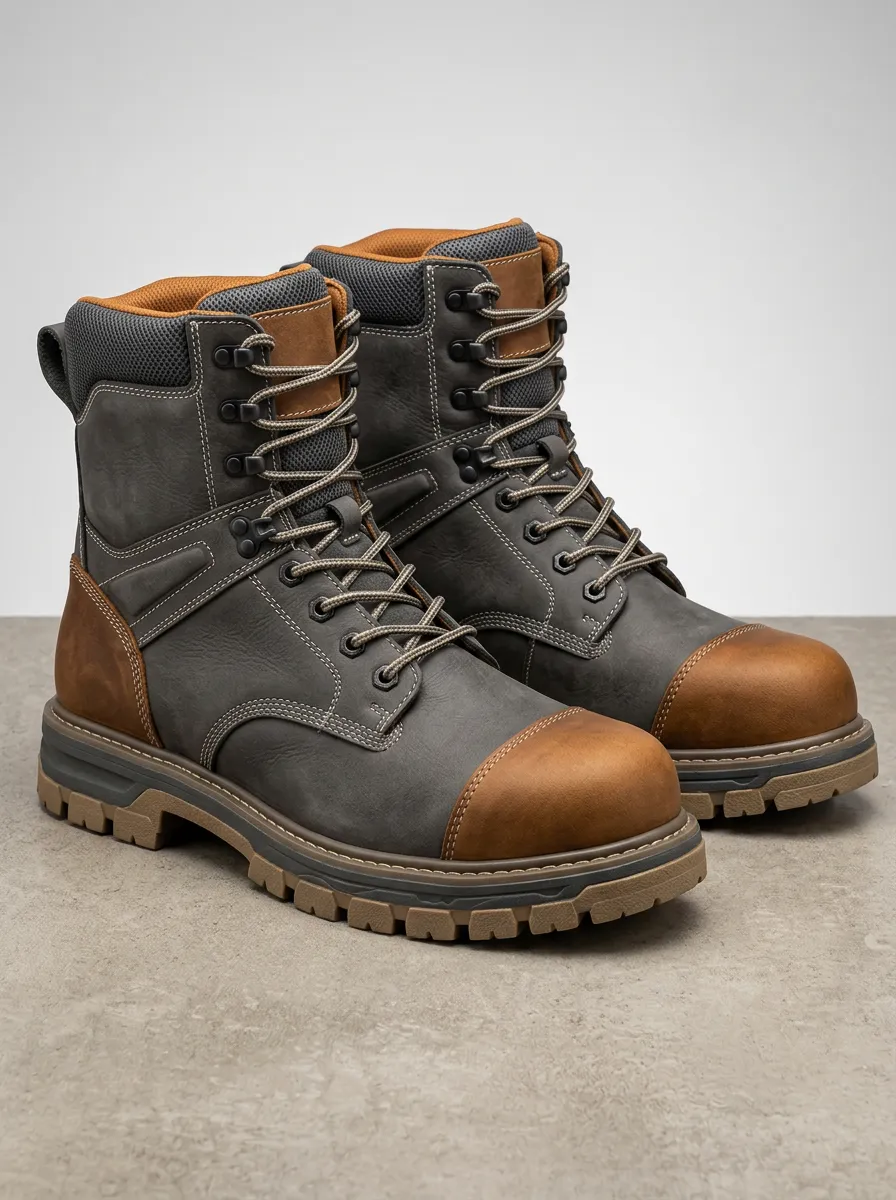 Men's Grey and Brown Leather Work Boots with Two Tone Finish