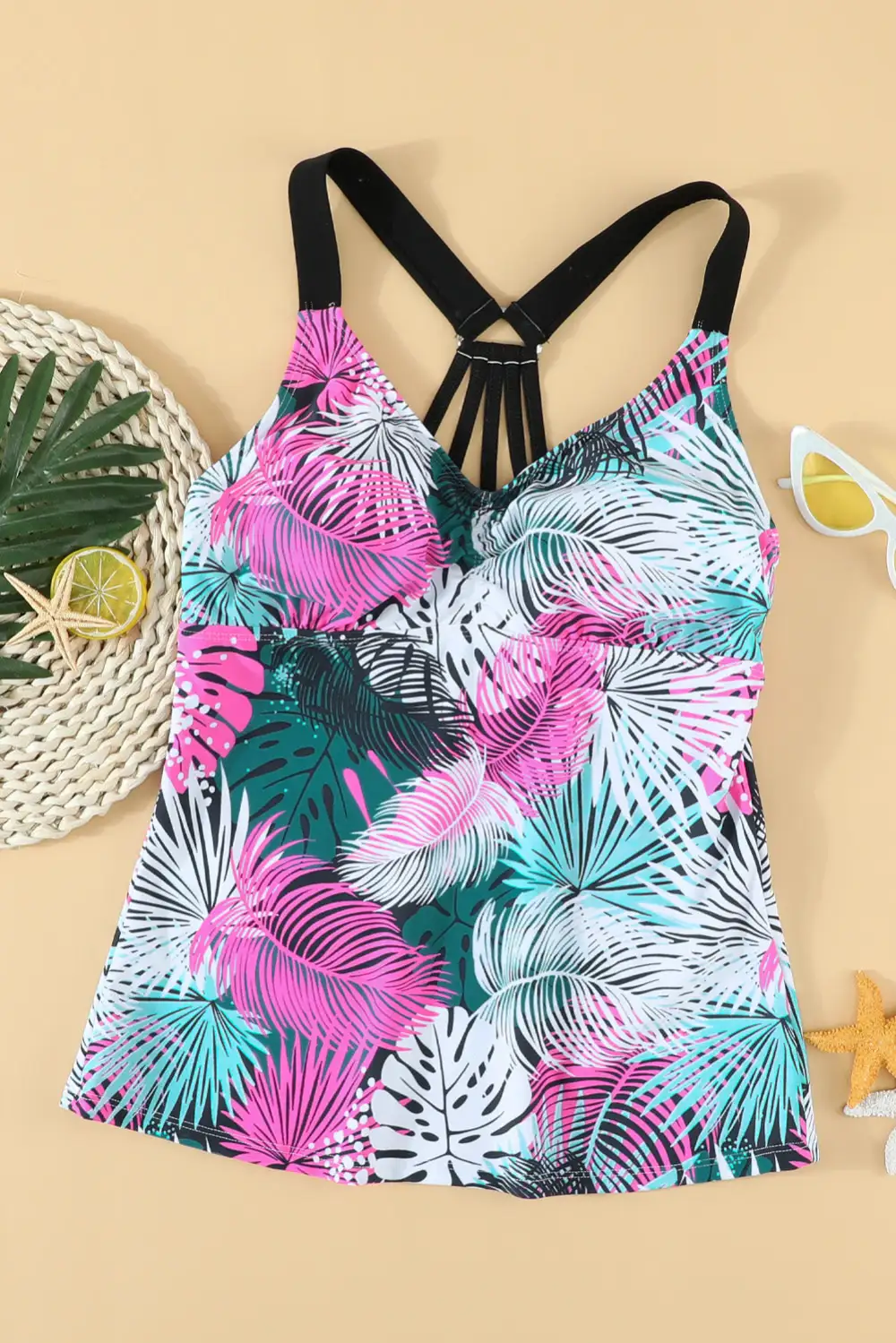 Swimwear Floral Printed Strappy Racerback Tankini Swim Top