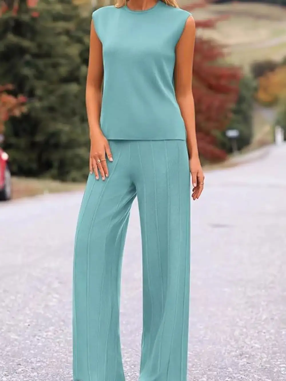 Relaxed Casual Solid Cap Sleeve Top and Pants Knit Set