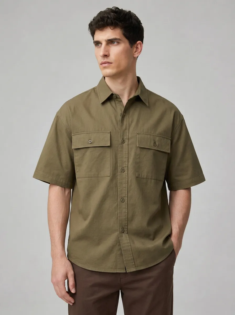 Men's Olive Utility Short-Sleeve Button-Down Shirt