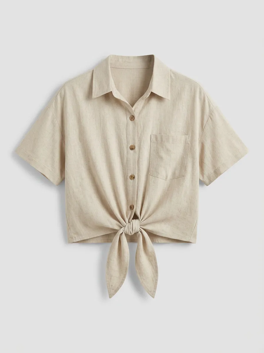 Women's Button-Down Shirt Casual Beige Linen Blend Tie-Front