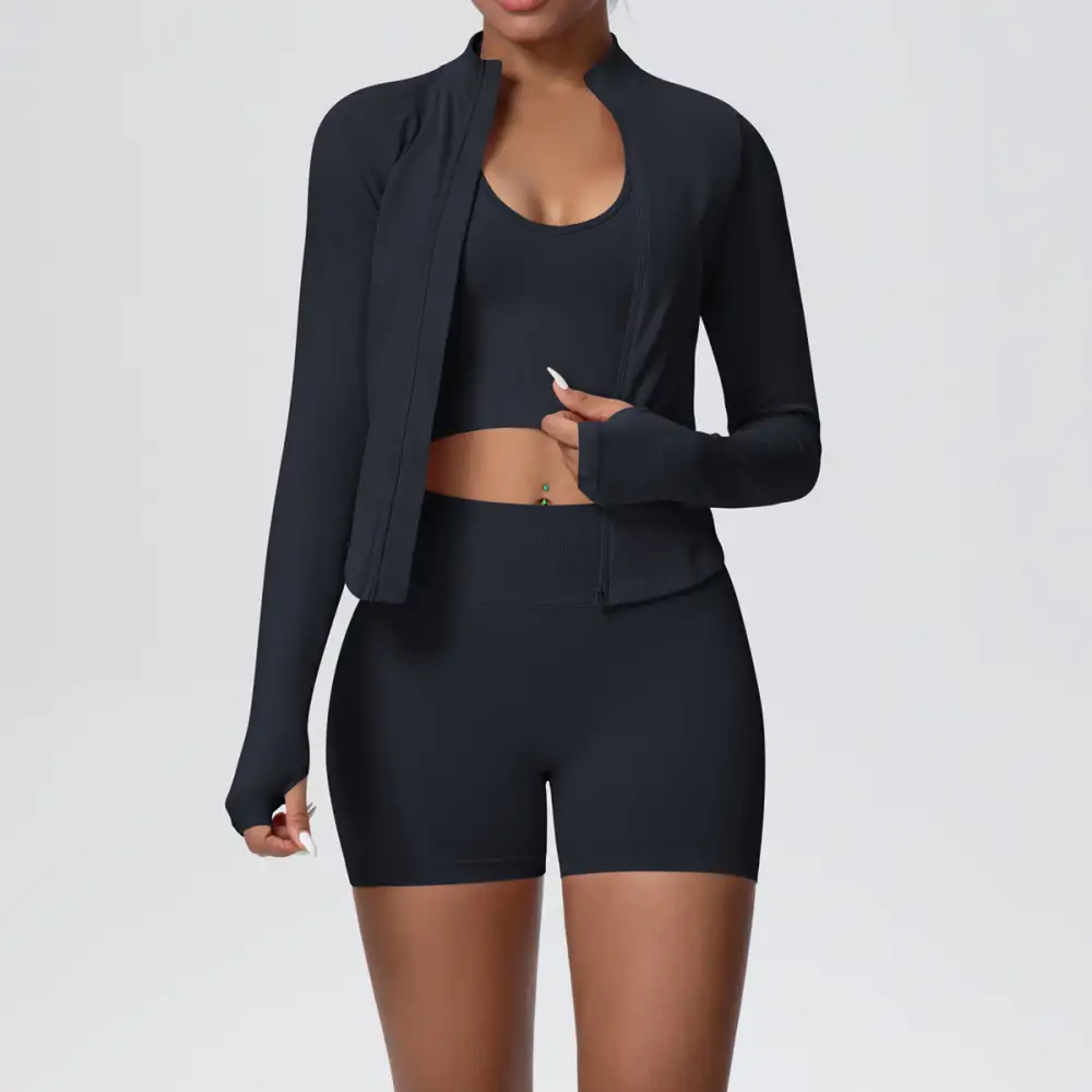 Long-Sleeve High-Waist Jacket, Bra and Vest Active Set