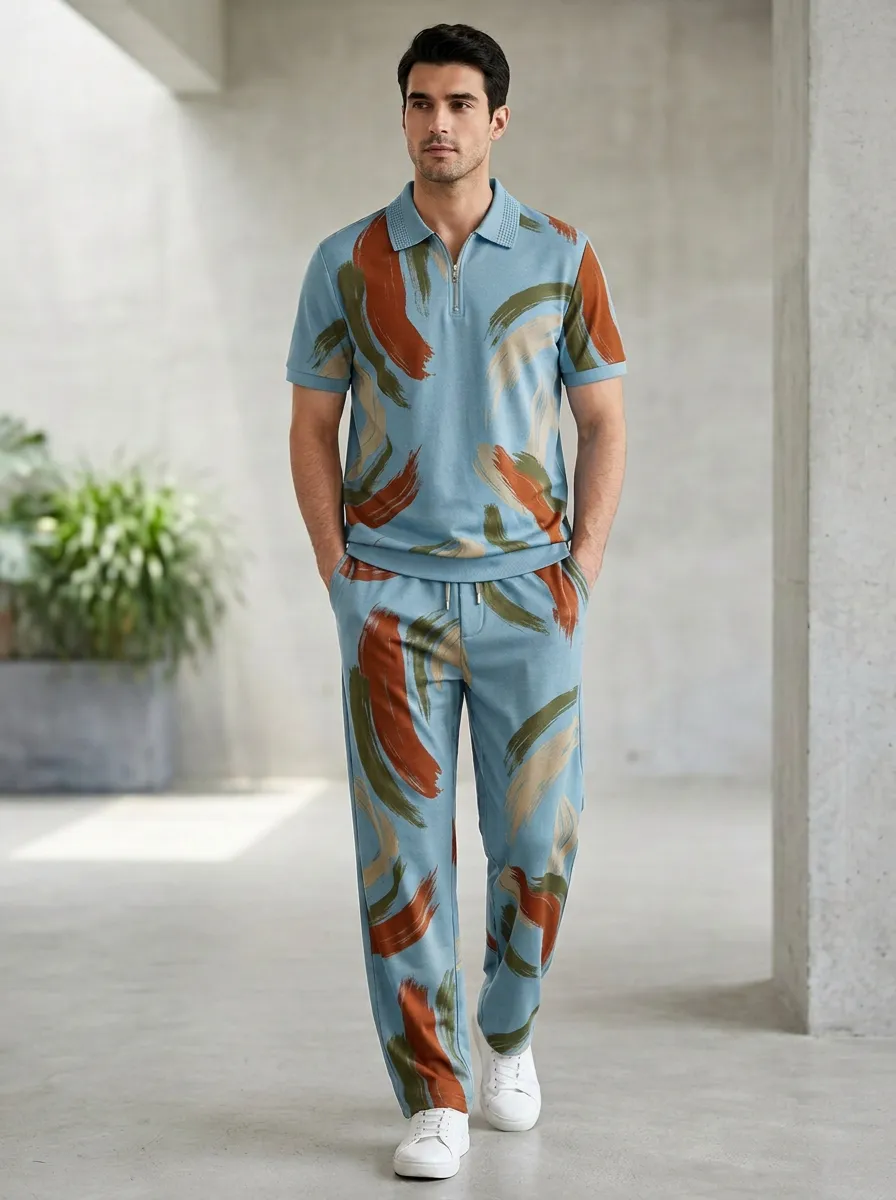 Men's Abstract Brushstroke Printed Casual Polo Shirt Set