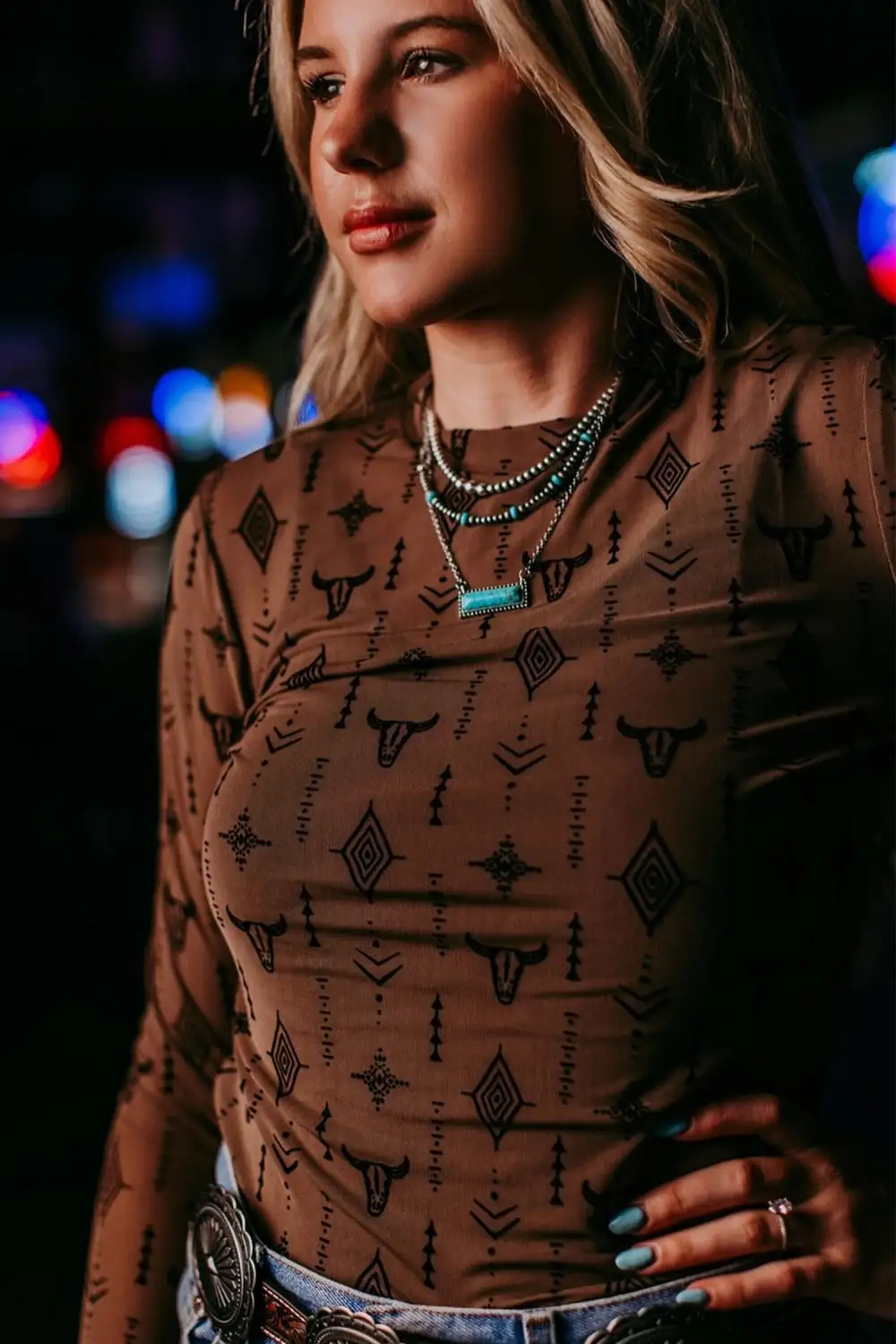 Western Print Mesh Relaxed Long Sleeve Top