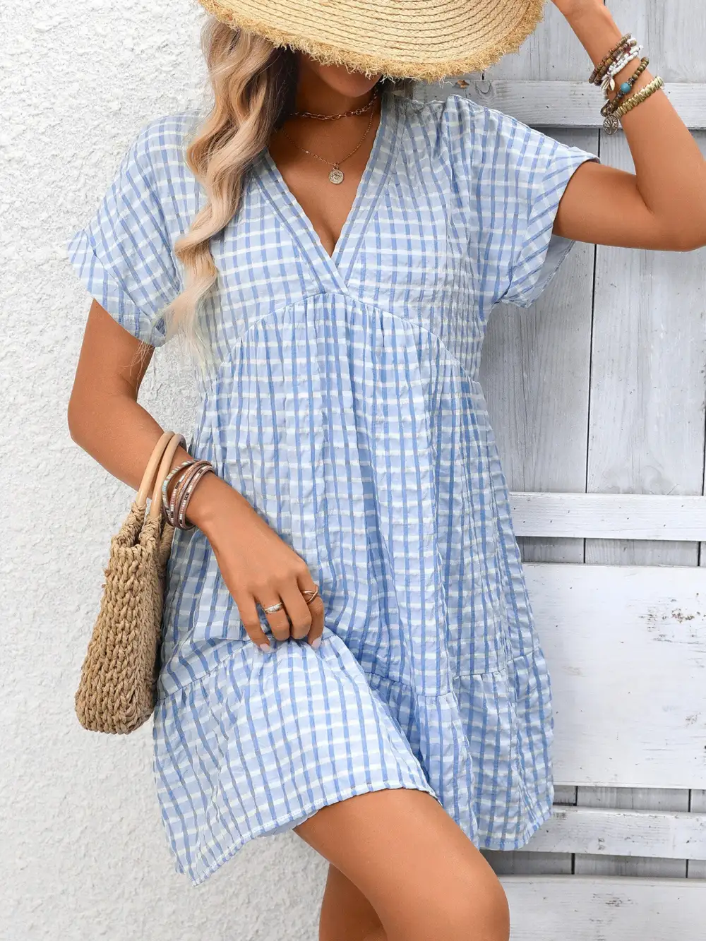 Modern V Neck Ruffle Mini Dress