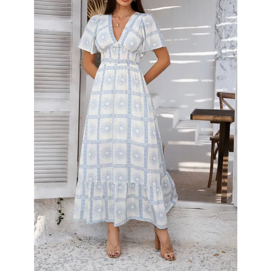 Smocked Printed V Neck Short Sleeve Maxi Dress